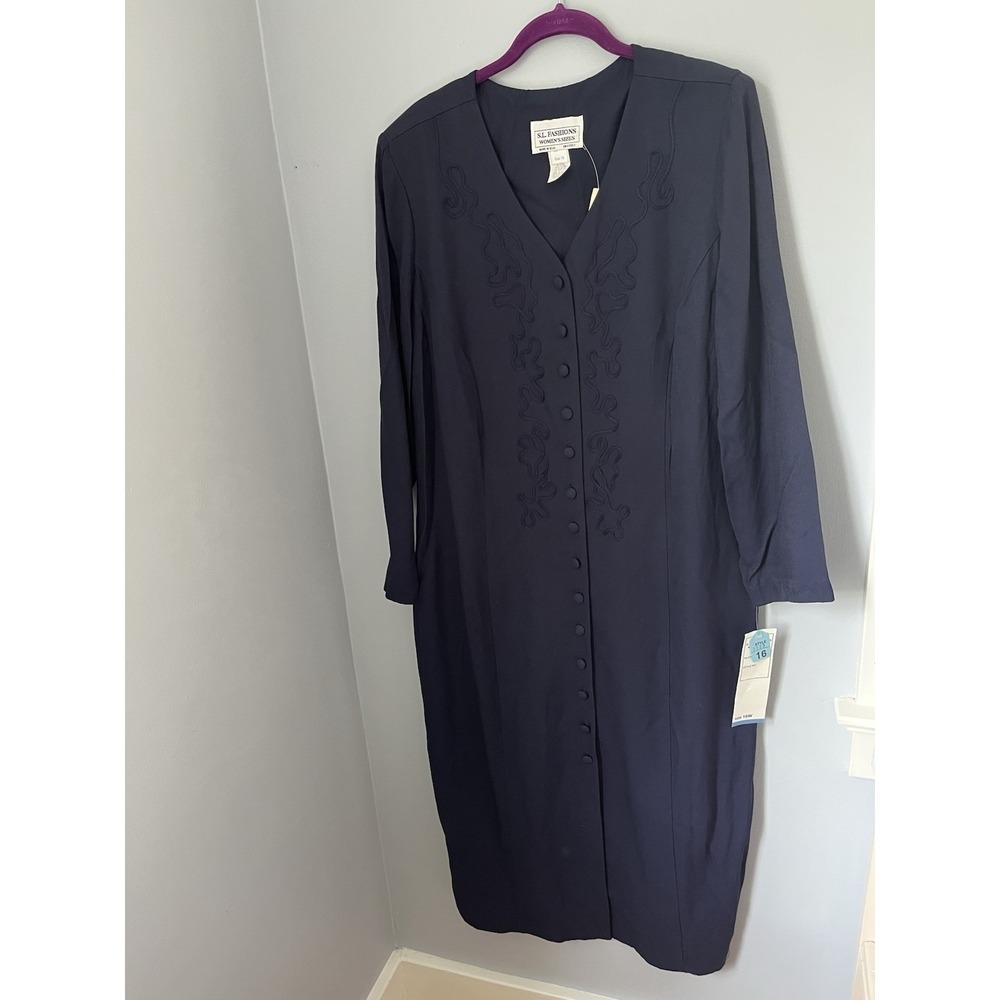 S.L. Fashions Women's Vintage Mid Or Maxi Dress Button‎ Up Navy Blue Size 16 NWT